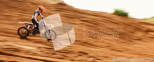 Image of Motorcycle, freedom and motion blur with a sports man on space in the desert for dirt biking. Bike, fitness and power with a person driving fast on an off road course for challenge or performance