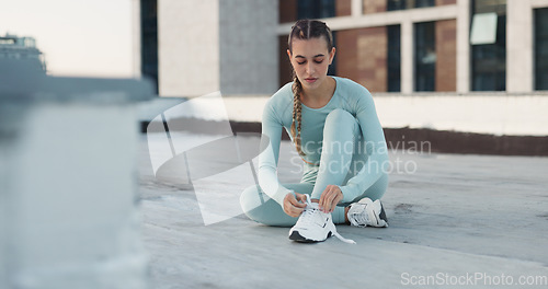 Image of Fitness woman, floor or tie shoes lace, sneakers and start exercise, training challenge or race workout, practice or activity. Athlete footwear, sportswear or urban person prepare for sports wellness