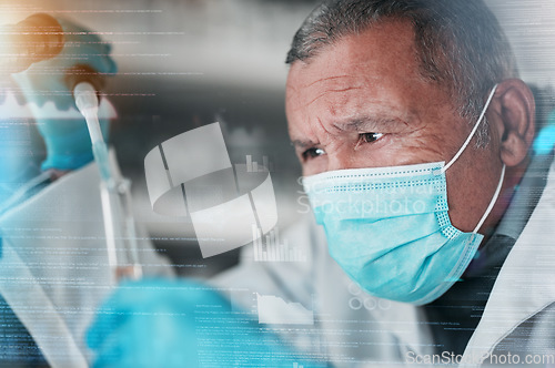 Image of Medical, research or man with test tube, hologram or mask with vaccine, chemistry and futuristic. Senior person, researcher or expert with gloves, future and holographic with biotechnology or science