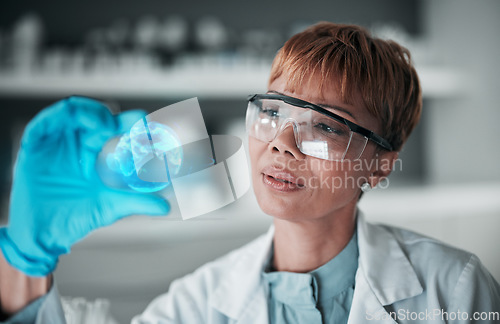 Image of Medical, research and woman with science, hologram and globe with vaccine, futuristic and healthcare. Senior person, researcher and scientist with gloves, future and holographic with biotechnology