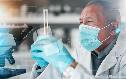 Image of Medical, research and man with hologram, vial and science with mask, biotech and healthcare. Senior person, researcher and scientist with gloves, holographic and test tube with microscope and results