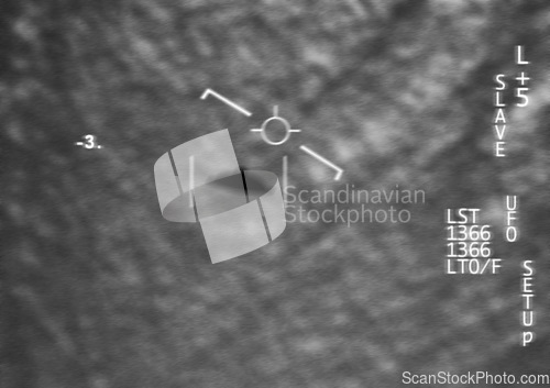 Image of Satellite image, UFO spaceship and screen at night with FBI investigation and alien evidence. Surveillance, photo and area 51 recording of flying saucer and galaxy survey for mystery object in sky