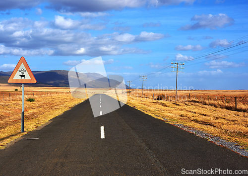 Image of Alien, spaceship sign and road for abduction warning, science fiction and space fantasy. Area 51, travel mockup and signage for extraterrestrial caution in countryside, desert and natural landscape