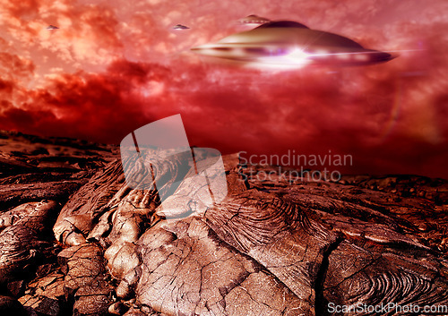 Image of UFO, dark and spaceship in outer space on mars and planet with science fiction. Alien technology, flying saucer and red mountain landscape with surreal background and world with spacecraft in sky