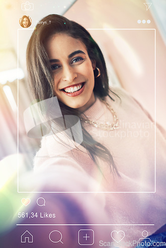 Image of Portrait, selfie and social media with a woman influencer on screen for a profile picture, status update or post. Mobile, frame and fashion with a young content creator on a display for impressions