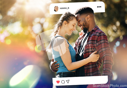 Image of Social media post, nature and a couple with a hug for a marriage, relationship or bonding. Interracial, happy and a black man with care for a woman with an update on date on an app in a park