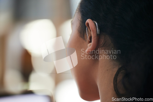 Image of Hearing aid, closeup and deaf ear with sound and person with a disability for helping with audio and medical implant. Technology, patient and problem with listening support and wellness with back