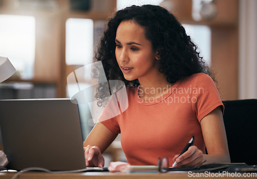 Image of Laptop, reading and professional woman writing summary notes, schedule or event planner planning online business calendar. Computer, secretary and receptionist check company agenda, journal or report