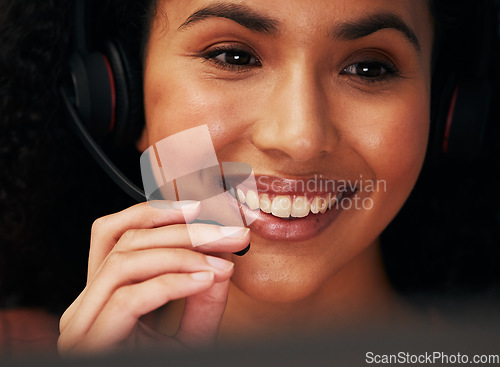 Image of Face, mic and woman at callcenter, headset and closeup with phone call, CRM and communication with smile. Technology, customer service and happy consultant, help desk or advice with tech support