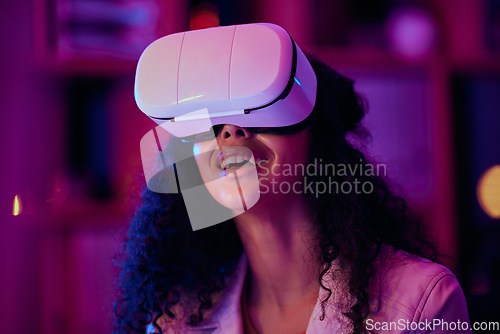 Image of Woman, video and virtual reality, digital world and 3D with future technology, UX and neon lighting. VR goggles, metaverse with scifi or fantasy simulation, gaming and holographic with multimedia