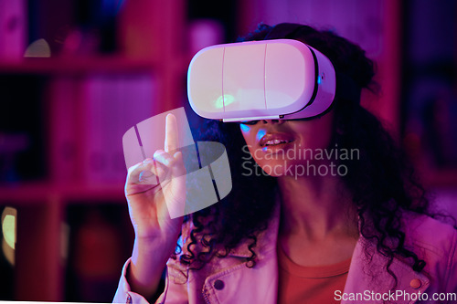 Image of Woman, hand and virtual reality, press on screen with digital world and 3D, future technology and neon lighting. Experience, VR and metaverse, scifi or fantasy with simulation, gaming and holographic