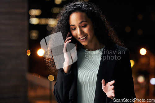 Image of Cellphone call, communication and professional woman consulting, discussion and talking with business contact. Rooftop, city and person networking, planning and late night consultation on smartphone