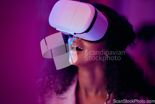 Image of Woman, wow and virtual reality, digital world and 3D with future technology, UX and neon lighting. Surprise, VR and metaverse, scifi or fantasy with simulation, gaming and holographic with multimedia
