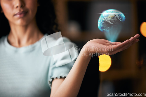 Image of Business woman, hand and hologram of Earth, global network and 3D with futuristic and innovation. International company, worldwide and digital world with corporate growth, development and holographic