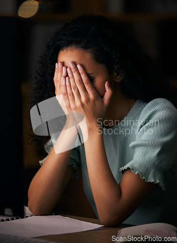 Image of Night, tired and professional woman depressed, burnout and overwhelmed with work, administration job or overtime fatigue. Mental healthy, dark office and receptionist sad, cry and stress over mistake