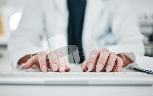 Image of Keyboard, person hands and typing closeup with healthcare, hospital and clinic work at computer. Medical research, working and professional report with email and online fro work and doctor job
