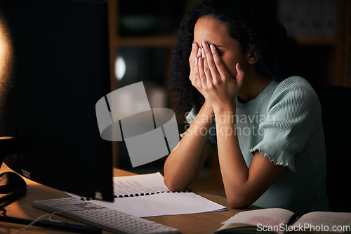 Image of Office woman, sad and tired on computer for night research, marketing mistake, copywriting and deadline fatigue. Person or writer with depression, job stress and anxiety or crying for planning fail