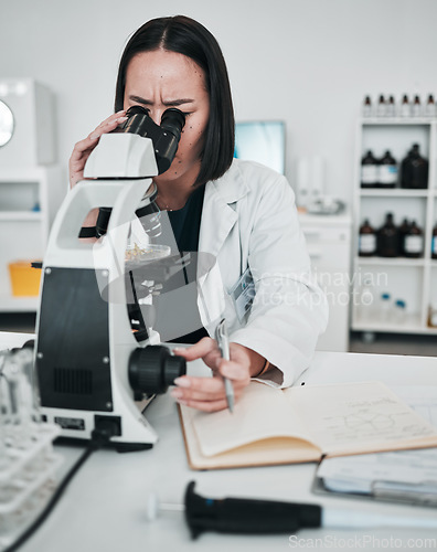 Image of Microscope, woman and notes in laboratory for science research, dna analysis and innovation. Scientist, biotechnology and medical investigation, chemistry test or check lens for results of assessment