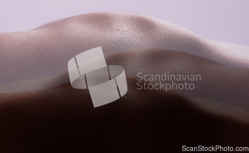 Image of Skincare, texture and body in studio on double exposure for closeup, beauty and dermatology. Creative aesthetic, silhouette and person on purple background for wellness, art deco and cosmetics