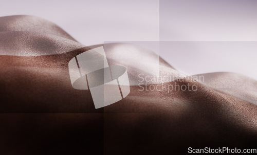 Image of Skin, texture and silhouette of person on double exposure for skincare, beauty and dermatology. Creative aesthetic, natural glow and body on purple background for wellness, art deco and cosmetics
