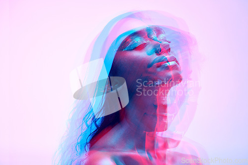 Image of Neon, double exposure and woman face with art deco, creative and color lighting for style in studio. Female model, cosmetics and overlay with glow, makeup and person with freedom and pink background
