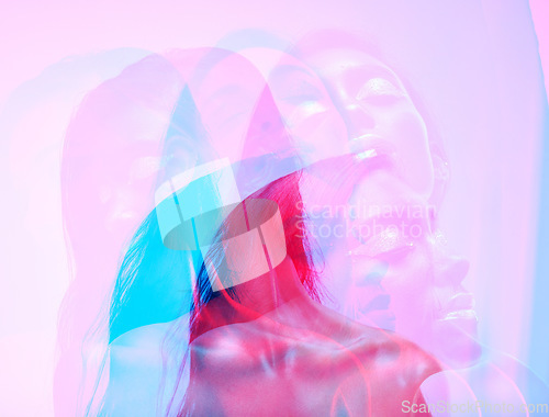 Image of Neon light, double exposure and relax woman with art deco, creative and color lighting for style in studio. Female model, cosmetics and overlay with glow, makeup and freedom with pink background