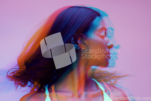 Image of Neon, double exposure and woman with art deco, creative and colog lighting for style in studio. Female model, cosmetics and overlay with glow, makeup and person with freedom and pink background