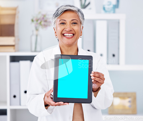 Image of Doctor, senior woman and tablet, mockup and screen with telehealth advertising, hospital and technology. Healthcare website, ads for health and wellness app with physician and online medical system