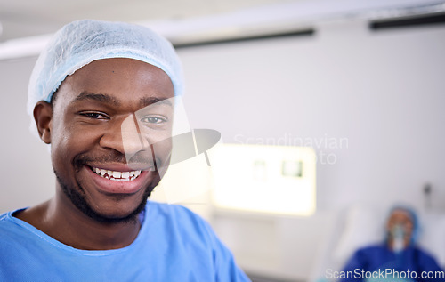 Image of Smile, portrait and black man, surgeon or healthcare expert for patient surgery support, hospital services or medical help. Client, happy and African person, nurse or doctor in operating room theatre