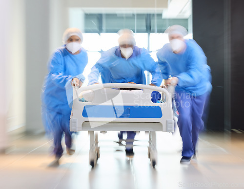 Image of Running, bed and surgeon team, healthcare expert or group speed for surgery support, emergency services or medical help. Wellness, fast motion blur and doctors rush patient for first aid teamwork