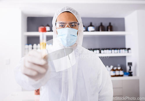 Image of Medical, research and man with vial, chemistry and vaccination with corona, laboratory and cure. Person, face mask and researcher with test tube, bacteria and medicine with data analysis and science