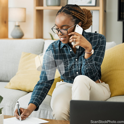 Image of Woman, home and phone call for paper, documents and contract signature, policy advice or insurance. Young african person on sofa writing, talking on mobile and financial services or loan application