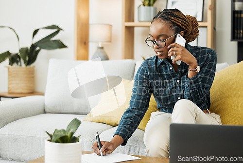 Image of Woman, sofa and phone call for documents, paper signature or contract advice, policy and insurance. Young african person at home writing, talking on mobile and financial, taxes or loan application