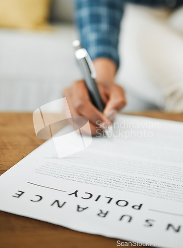 Image of Hand, signature and contract for insurance, policy and woman with legal agreement for life, healthcare or home security. Person, sign and writing with pen on paper, document or notary of commitment