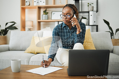 Image of Woman, home and phone call for documents, paper signature or contract advice, policy and insurance. Young african person on sofa writing, talking on mobile and financial review or loan application