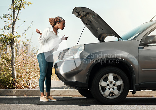 Image of Stress, broken car and black woman in the road with frustration for engine problem emergency. Transportation, travel and upset young African female person with motor vehicle accident in the street.
