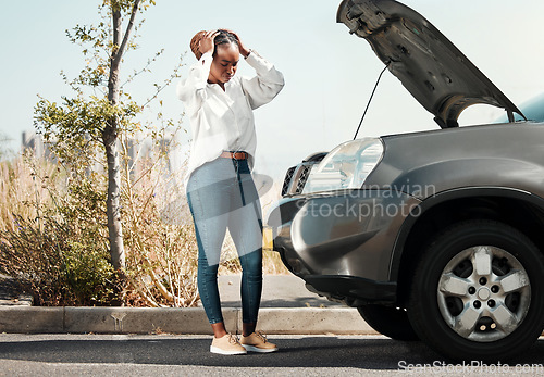 Image of Frustration, broken car and black woman in the road for accident with engine problem or emergency. Transportation, travel and upset young African female person with motor vehicle stress in the street