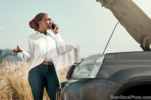 Image of Stress, broken car and black woman on a phone call in the road with frustration for engine problem emergency. Transportation, travel and upset young female person on mobile conversation for accident.