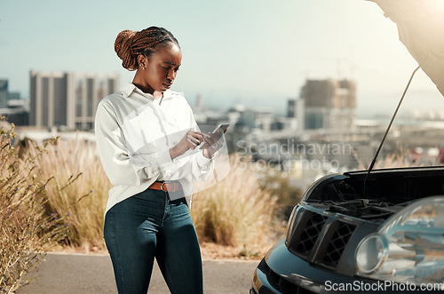 Image of Car problem, phone or frustrated black woman late for work from engine crisis on road in city. Message, texting or worried African driver by a stuck motor vehicle with stress or anxiety in emergency