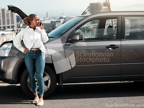 Image of Phone call, stuck car and woman in the road with stress for engine problem or emergency. Transport, frustration and upset African female person on mobile conversation for motor accident in street.