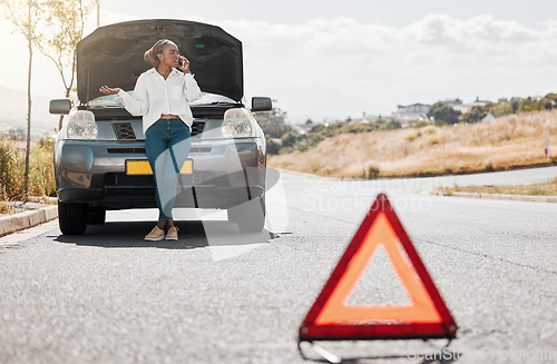 Image of Car problem, stop sign or driver on a phone call frustrated by engine crisis or accident on road or street. Transport fail, stress or angry black woman talking by a stuck motor vehicle in emergency