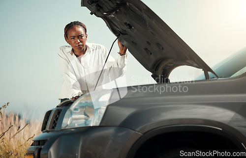 Image of Stress, broken car and portrait of black woman in the road with frustration for engine problem emergency. Transportation, travel and upset young African female person with motor accident in street.