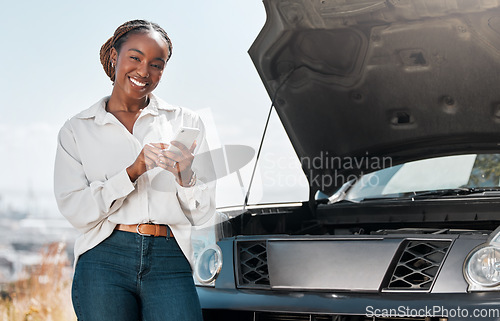 Image of Car insurance, phone or portrait of happy woman on road for an engine crisis typing a message for help. Smile, mobile app or African driver by a stuck motor vehicle texting on social media or online