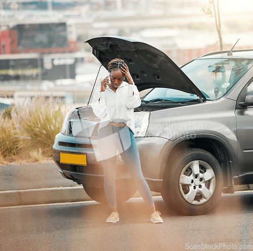 Image of Frustration, phone call and black woman with stuck car in the road with stress for engine problem emergency. Transport, travel and upset African person on mobile conversation for accident in street.