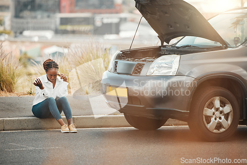 Image of Car problem, phone call or black woman on road with stress, anxiety or bad engine crisis on street. Listen, fear or worried African driver talking by a stuck motor vehicle in emergency or accident