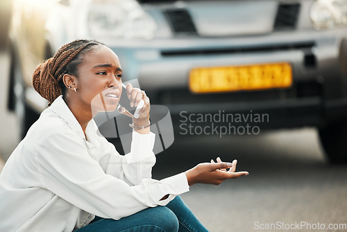 Image of Car insurance, phone call or black woman on road with stress, anxiety or bad engine crisis on street. Listen, fear or worried African driver talking by a stuck motor vehicle in emergency or accident