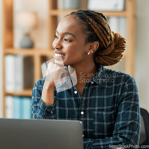 Image of Woman, thinking and computer for work from home opportunity, copywriting ideas and planning goals. Young african person, happy freelancer or writer on laptop, business vision and brainstorming online