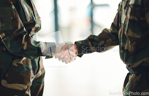 Image of Mission, army or shaking hands for partnership, teamwork or deal in war, agreement or unity together. People, soldiers or handshake for team fight, thank you or gratitude in solidarity or military