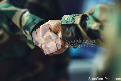 Image of Military, army or handshake for partnership, teamwork or deal in war, agreement or unity together. People, soldiers or shaking hands for team fight, thank you or gratitude in solidarity for a mission