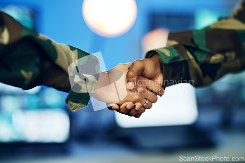 Image of Military, army or shaking hands for partnership, teamwork or deal in war, agreement or unity together. People, soldiers or handshake for team fight, thank you or gratitude in solidarity for a mission